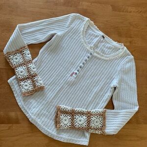Free People Thermal Long Sleeve Granny Square Crochet Cuffs Top Size XS